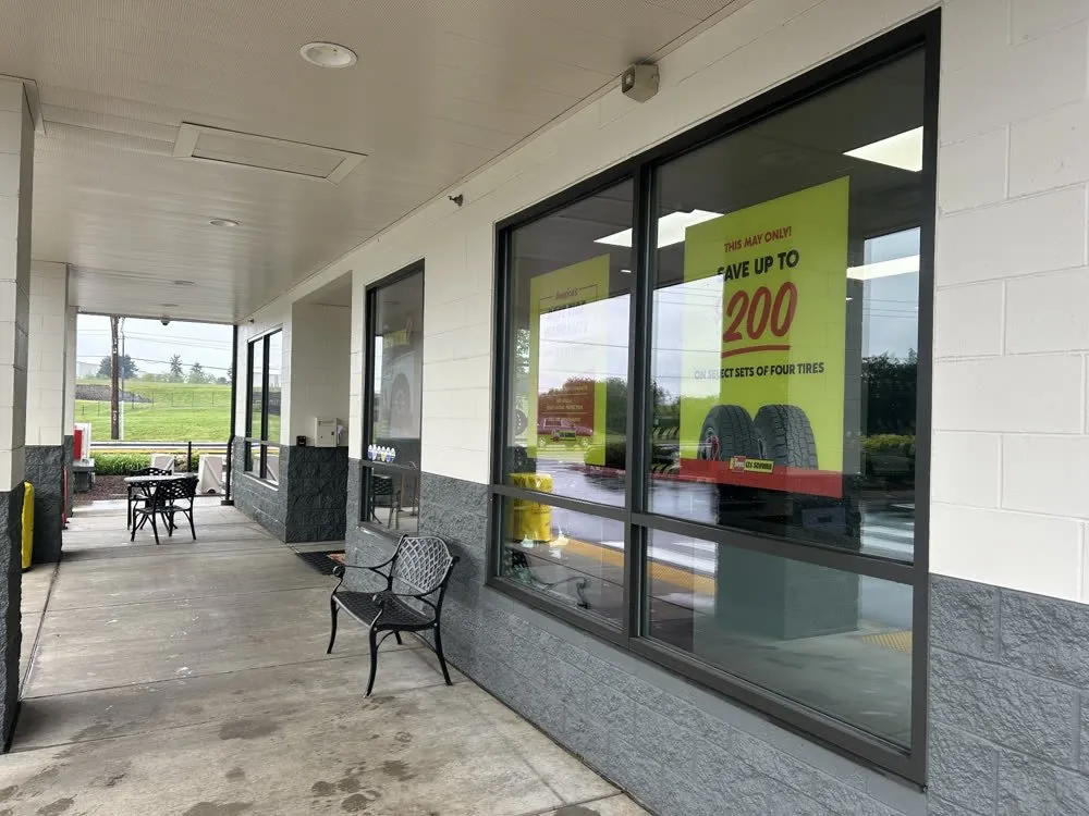 Commercial storefront windows cleaned at a Les Schwab location in Everett
