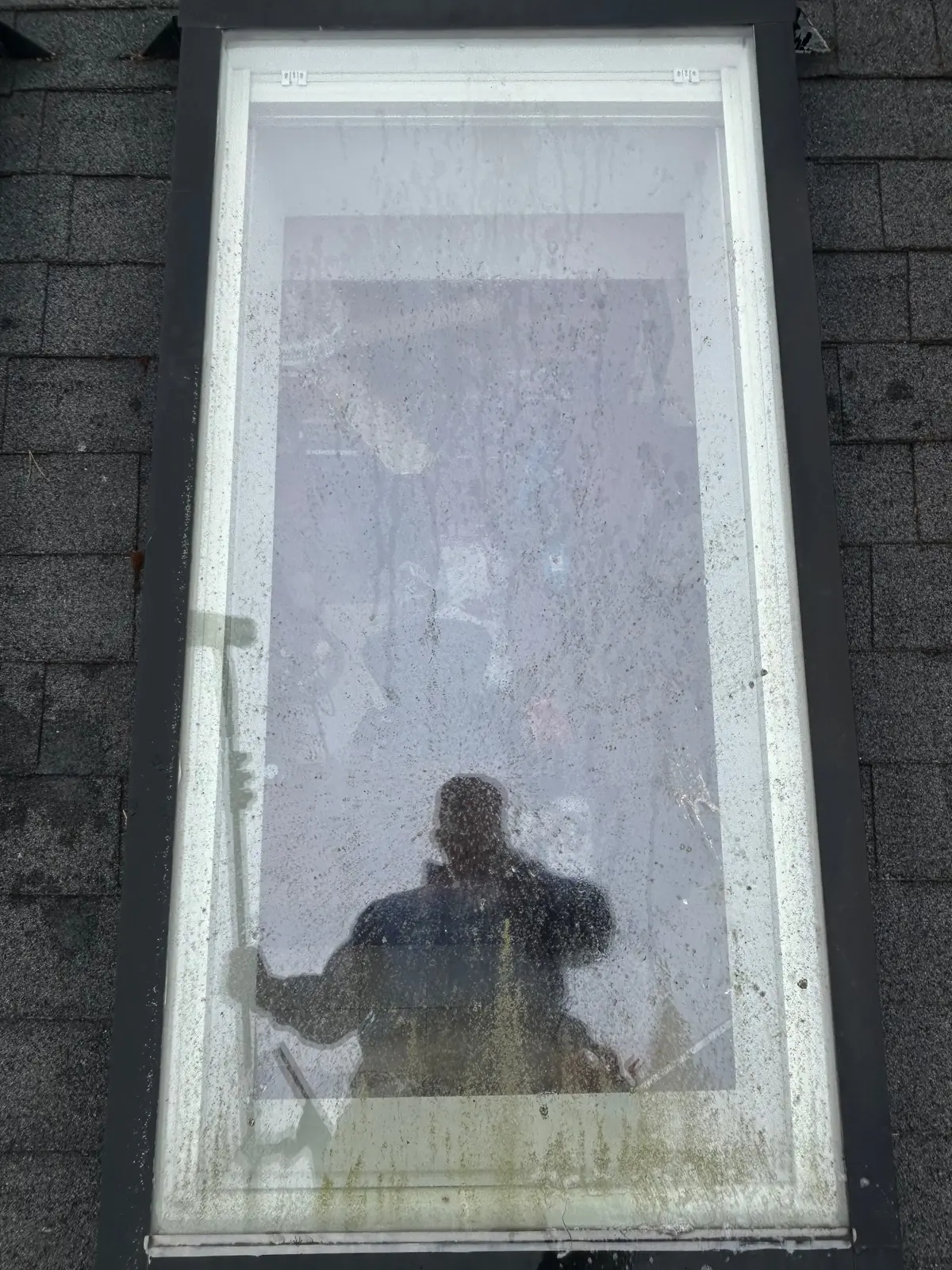 Skylight before cleaning with visible silt and moss buildup